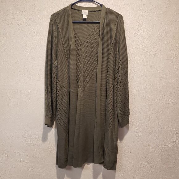 Chico's Size 3  Long Open Front Cardigan Olive Green Acrylic Classic - Picture 10 of 10